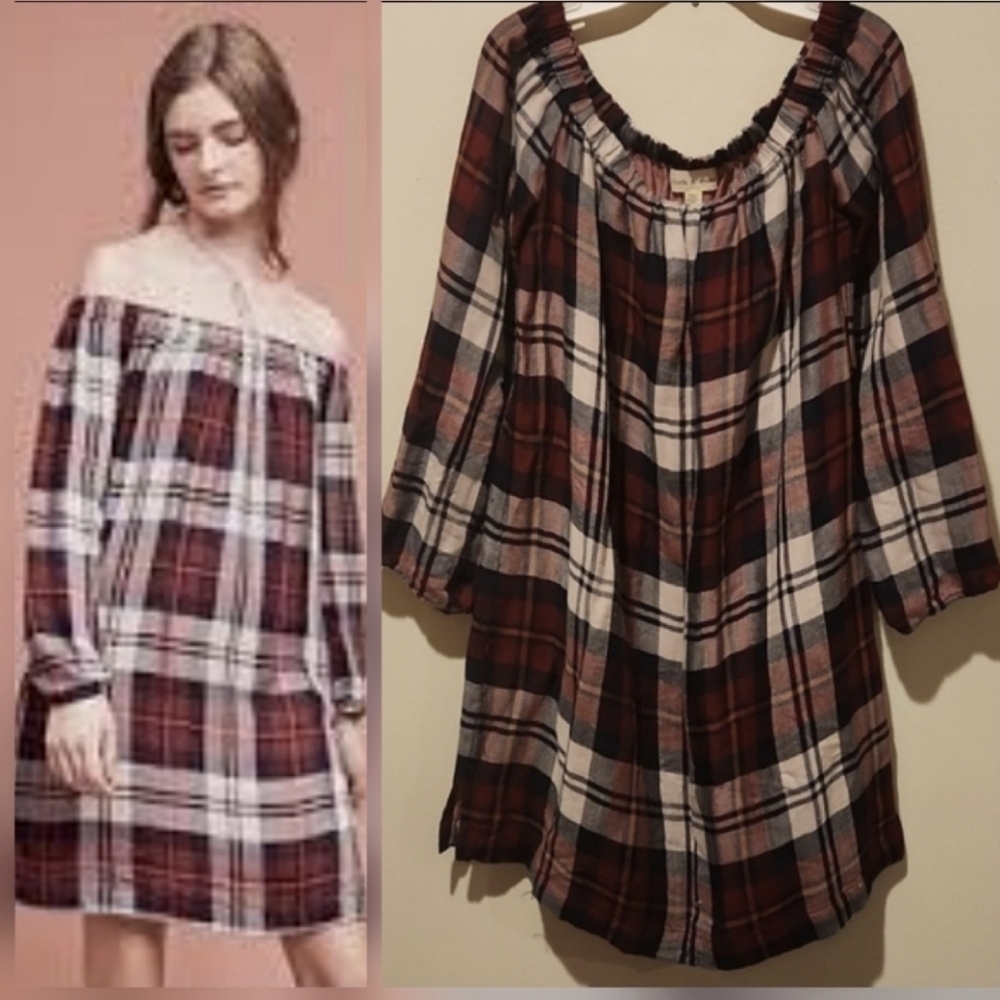 ❤️ ANTHROPOLOGIE CLOTH & STONE OFF SHOULDER PLAID DRESS, XS